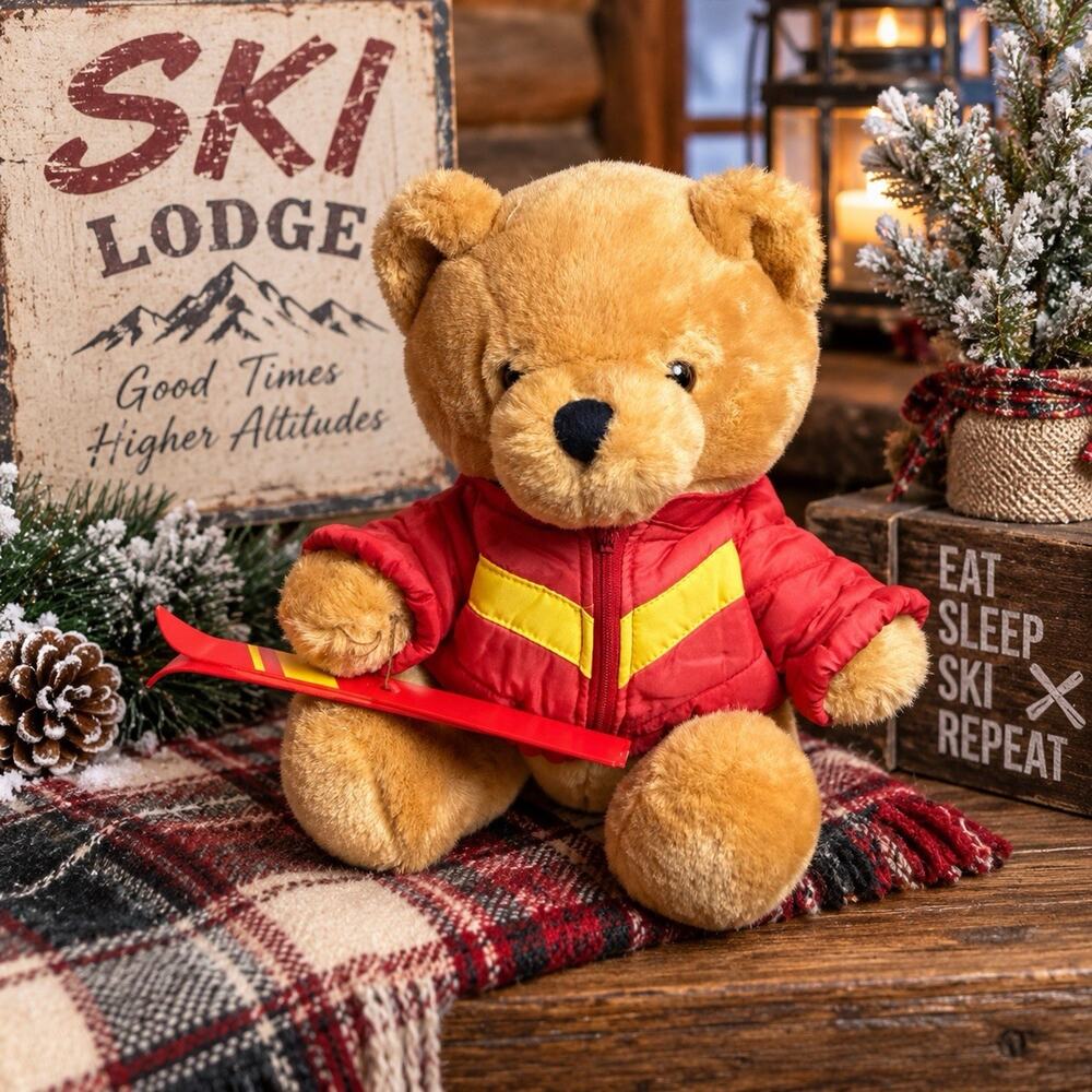 Vintage 1987 Dakin Fun Farm Ski Teddy Bear Plush Red Jacket Skis 10”